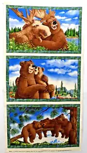 Buddies Moose Jeffery Severn Laughing Bear Art Moda Cotton Fabric Panel 44x23"