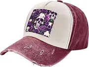 [YANYU] Many Purple Rose Skull Print Fashion Washed Distressed Baseball Cap Vintage Adjustable Hat with Classic Brim, Dark Red, One Size