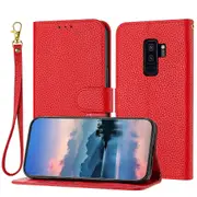 Galaxy S9 Plus Case Litchi Grain PU Leather Folio Cover Magnetic Closure Flip Wallet Card Slots Stand Case With Hand Strap, Brown - Red