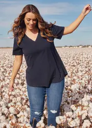 [Virtuelle] Taking Shape Good Earth Australian Cotton V-neck T-shirt Size 26 in Navy - Plus Size Women's Tops & T Shirts Navy