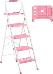 [BONTEC] 4 Step Ladder with Wide Anti-Slip Pedals, Folding Step Stool Capacity 182KG, Sponge Handrail, Strong and Solid Portable Ladder Suitable for Home, Kitchen, Pantry, Indoor/Outdoor Use, Pink