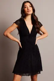 Black Ditsy Mini Dress Short Sleeve Burn out - Size 8, Women's Skater Dress