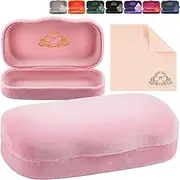 [Modern Eyewear] Small Hard Shell Glasses Case with Cleaning Cloth - Pink Velvet Protective Eyewear Case for Sunglasses & Reading Glasses - Lightweight