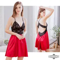 在飛比找ETMall東森購物網優惠-大尺碼Annabery 黑蕾絲拼緞面接美背禮服式性感睡裙