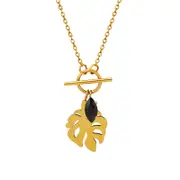 Elegant Versatile Leaf Pendant Necklace for Women - Black Zircon Stone in Titanium Steel with 18K Gold Plating
