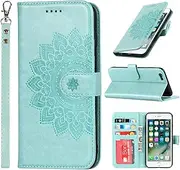 Cavor Wallet Case for iPhone SE 2020/ SE 2022, iPhone 7/8 PU Leather Case Magnetic 3D Embossed Flower Women Flip Kickstand with Card Holder Wristlet Hand Strap Protective Cover-Flower Light Green