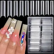 ITADAKU 200 PCS Extra Long Clear Nail Tips - No C Curve, 10 Sizes, Half Cover Straight Tapered Square French Tips for Acrylic Nails, Professional and Home Use, with Box