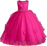 [IWEMEK] Kids Girls Princess 5-16T Tulle Lace Flower Pageant Dress Puffy Floor Length Wedding Bridesmaid Party Tutu Maxi Gow