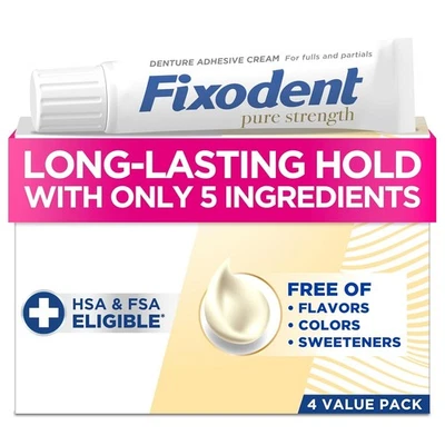 4 Pack Fixodent Pure Strength Secure Denture Adhesive Long Lasting Hold 2.4 oz.