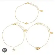 Claire's Gold Colored Under the Sea Chain Anklets - 3 Pack Seashell Metal