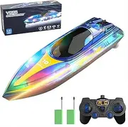 FIRE BULL Remote Control Boat 2.4GHz RC Boat 20KM/H High Speed RC Racing Boat with LED Lights 2 Batteries Long Playing Time, Swimming Pools/Lakes/Ponds Toys Gifts for Adults and Kids