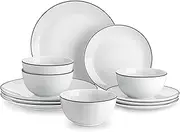 [MALACASA] 12 Pieces Gourmet Porcelain Dinner Plates Set, Modern White with Black Rim Dish Set for 4, Premium Serving Plates and Bowls Sets, Chip and Scratch Resistant Dishware Sets, Series AMELIA