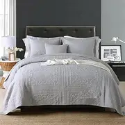 Luxury Quilted 100% Cotton Coverlet/Bedspread Set Quilt King Super King Size Bed 250x270cm Square Grey