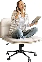 FLEXISPOT Cross Legged Office Chair Armless Desk Chairs Comfy Wide Seat Criss Cross Chair with Wheels Vanity Chair for Living Room Bedroom Study Room(White Light Beige)