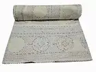 White Hand Work Kantha Quilt Boho Thread Embroidery Bohemian Quilt Queen Bedding