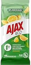 Ajax Eco Antibacterial Disinfectant Surface Cleaning Wipes, Bulk 110 Pack, Fresh Lemon, Multipurpose, Biodegradable and Compostable, Made with Bamboo Fibres