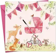 Twizler New Baby Girl Card with Pink Pram, Bunting and Woodland Animals - New Baby Card Girl - Cute Newborn Essential Gifts - Congratulations