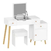 Advwin Dressing Table Set with Flip Top Mirror Adjustable Side Cabinet Cushioned Stool Hiden Storage White