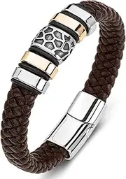 [AIZU] Braided Leather Wrap Bracelet - Black Brown Genuine Woven Leather Bracelet with Stainless Steel Magnetic Clasp for Men's Wristband Cuff - Mens Cross Christian Bracelet Leather