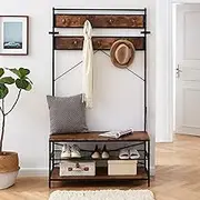 Coat Rack with Shoe Bench for Entryway, 3-in-1 Design Industrial Hall Tree with Storage Shelf, Large Size, Wood Look Accent Furniture with Metal Frame, Rustic Brown