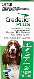 Credelio PLUS Dog Flea and Tick Treatment, Single Pack, Ticks, Fleas, Mites, Heartworm & Worms Parasite Protection, in The Smallest Monthly Chewable Tablet for Dogs > 11-22 kg, 1 Pack