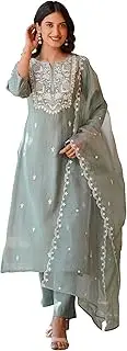 [Janasya] Indian Women's Light Blue Kurta Kurti Top Tunic Embroidered Straight Casual wear Kurta Set for Women