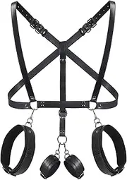 BDSM Sex Bondage Restraints Kit, 3 in 1 Leather Thigh Sling Breasts Belt Behind Back Handcuffs, Straps Open Legs Bed SM Slave Fetish Unisex Adult Sex Toys for Couples