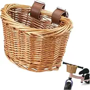 Kids Bike Basket with Adjustable PU Belts, Wicker Bike Baskets Handmade Woven Rattan Bike Basket Front Handle Children Bike Basket for Children Bicycle Accessories
