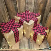 POTTERY BARN LIT BURLAP PRESENTS SET OF 3 BUFFALO CHECK RIBBON WRAPPED LIGHT UP