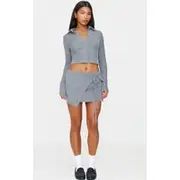 Blue Grey Brushed Texture Pleated Tie Side Mini Skirt, Blue Grey