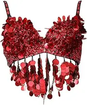 [Frediuo] Sequin Crop Top Outfits for Women Outerwear Bra for Club Stage Performance Show, Red, 36 Yards