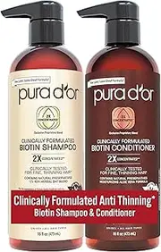 PURA D'OR Professional Grade Clinically Formulated Biotin Shampoo & Conditioner For Hair Thinning - 2X Concentrated DHT Blocker Thickening Products For Women & Men, Sulfate Free, 16oz x2