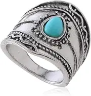 [Hebelee] Boho Vintage Turquoise Statement Ring for Women Girls Silvery Birthstone Promise Engagement Filigree Finger Band Rings Comfort Fit Elegant Birthday Christmas Cocktail Wedding Jewelry Gift Size 7-10