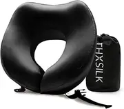 THXSILK 100% Mulberry Silk Neck Pillow for Traveling, Pure Memory Foam Travel Pillow for Airplanes, Travel Neck Pillow for Sleeping, Head and Neck Support, Neck Pillow with Storage Bag (Black)