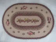 NEW Meow Meow Meow Cat Kitten with Paws & Fish Braided Jute Fiber Oval Rug Mat