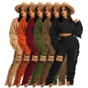 Women's Casual Solid Knit Long Sleeve Fringe Sweater Set 1940s Jumpsuit