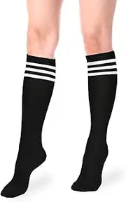 [Violet Mist] Women Girls 3 Striped Knee High Socks Novelty Casual Checkered Argyle Athletic Long Tube Socks Cute Knee Highs