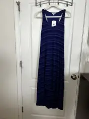 Splendid Racerback Maxi Dress Sz S Hi Lo Hem Linen Blend Knit Lined Blue Stripe