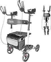 KMINA - Upright Rollator Walker with Seat and Back Support, Folding Stand Up Walkers for Seniors with Armrest, Upright Walkers for Elderly Adjustable, Stand Up Rolling Walker with Forearm Support