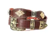 West Belt Coffee Silver With Horse Gold Concho Crocodile Pattern Pants Size 38
