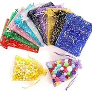 [swikiyi] 100Pcs Moon Star Organza Bags, Mixed Color Christmas Wedding Favors Gift Drawstring Bags Jewelry Pouches Candy Mesh Pouches 9x12cm
