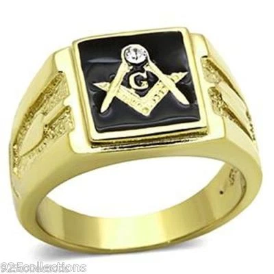 316 Stainless Steel Masonic Mason Black Enamel Clear Crystal Men Ring Size 8-14