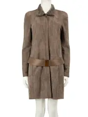 Brown Suede Belted Shearling Lined Coat