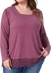 [Agnes Orinda] Plus Size Tops for Women Long Sleeve Square Neck Tunic Fall Winter Blouse with Lace Hem
