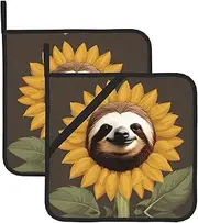 Sloth Sunflower Potholders BBQ Pot Holders for Heat Resistant Potholder, Hot Pads,Cooking Baking(2-Pack)