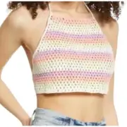 BP. Womens Crop Top Multicolor Stripe Halter Neck Crochet Backless Tie S New