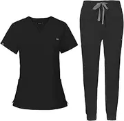 NiaaHinn Women's Scrubs Top with Classic V-Neck Jogger Pants Medical Nursing Uniform Scrub Set (Black, Large)