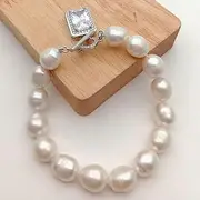 LAnGSHAW Natural White Rice Freshwater Pearl Strand Bracelet Rectangle Toggle Clasp Office Style for Women