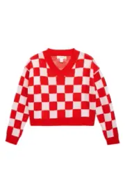 Treasure & Bond Girls Size 14-16 Red Fiery White Checkered Crop Sweater, NWT
