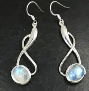 Rainbow moonstone long drop earrings, solid Sterling Silver. Oval. Box.